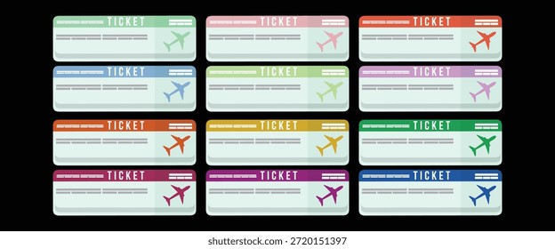 Colección de doce iconos estilizados de colores brillantes del billete de avión de embarque de viaje con varios colores como verde rosa rojo naranja amarillo púrpura y azul dispuestos en un formato de cuadrícula que simbolizan los conceptos de reserva de viajes aéreos y planificación de vacaciones listo para su uso en medios digitales o impresos.
