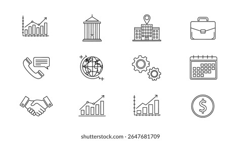 Uma coleção de doze ícones de negócios e finanças, incluindo um gráfico, edifício, globo, engrenagens, aperto de mão, calendário, pasta, telefone e moeda.