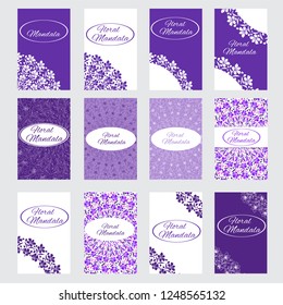 Collection of twelve business or invitation cards. Floral decorative elements purple color, circular ornament, hand drawn background