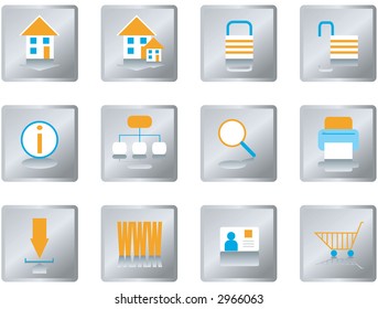 A collection of twelve buttons in orange and blue with a silver background for use on websites