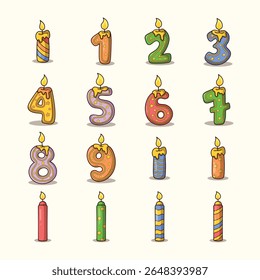 Coleção de doze velas de aniversário de desenhos animados, cada uma em forma de número de 1 a 9, com diferentes cores e padrões, e com uma chama no topo.