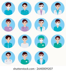 Collection of twelve cartoon illustrations portraying different medical professionals, each wearing various medical uniforms, surgical masks, and headwear. 