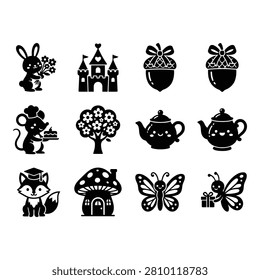 A collection of twelve charming black silhouette icons depicting animals, fantasy objects, and natureinspired designs in a minimalist style.