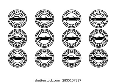A collection of twelve circular emblems featuring black silhouettes of various classic and vintage convertible and coupe automobiles isolated on white.