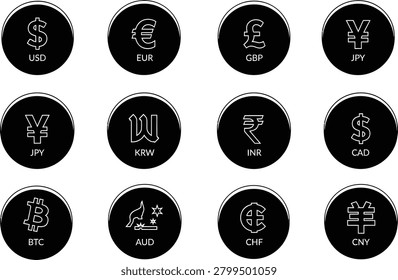 A collection of twelve circular icons representing global currencies and cryptocurrency with their respective codes like USD EUR GBP and BTC.