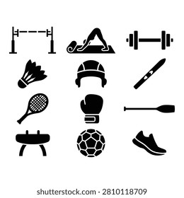 A collection of twelve clean, black silhouette icons representing different sports and fitness activities, designed in a minimalist style.