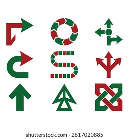 A collection of twelve clean, flat directional and traffic arrow icons featuring bold red and green colors for high contrast.