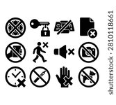 A collection of twelve clear, bold prohibition icons featuring restriction symbols such as no entry, locked keys, and deleted files in a flat black and white design.