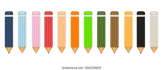 collection of twelve color colored pencils on a white background