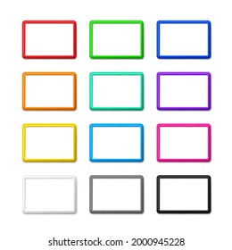 Collection of twelve colored horizontal frames with shadows and rounded corners are blank mockup. Vector modern design of template photo frame A4 size is perfect for presentations, photos and pictures