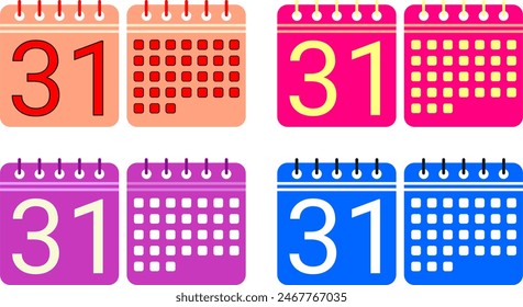 A collection of twelve colorful, flat design calendar icons, one for each month of the year. 
Each calendar icon has a distinct, bright color and a simple design.
The icons could be used for a variety