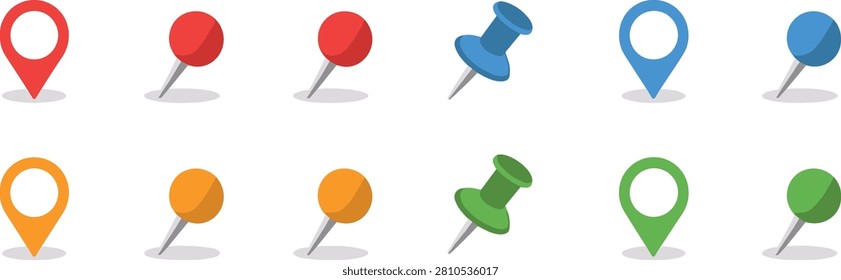 Collection of twelve colorful map pins and push pins in red blue orange and green flat with soft drop shadows on a white background