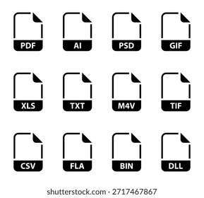 Coleção de doze ícones de tipo de arquivo comum em preto e branco arquivo, ícone, documento, formato, tipo, PDF, AI, PSD, GIF, XLS, TXT, M4V, TIF, CSV, FLA, BIN, DLL, tecnologia