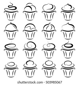 Collection of twelve cupcake icons - black and white