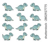 A collection of twelve cute, blue cartoon dinosaurs arranged in a grid on a clean white background. Each dinosaur features a friendly smiling face, large black eyes, and dark blue spots along its back. The style is minimalist and kawaii, with soft rounded shapes and a gentle color palette of teal and cream, making it perfect for children