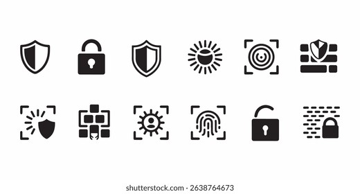 Collection of twelve cybersecurity icons featuring biometric fingerprint, shield, sun, firewall, and brain symbols for digital security.