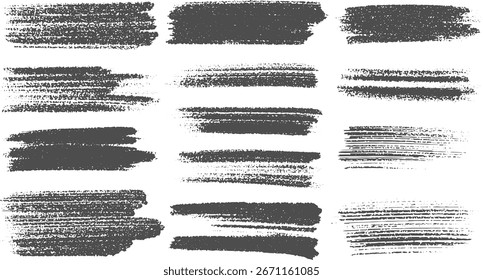 Una colección de doce pinceladas de textura gris oscuro sobre un fondo blanco.