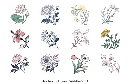 Collection of twelve delicate botanical floral illustrations featuring various flowers in a simplified linear drawing style