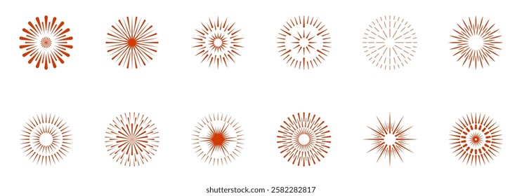 A collection of twelve different abstract orange firework designs on a white background.