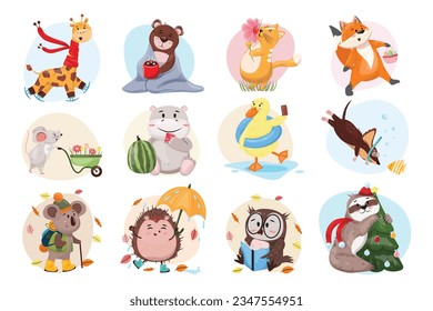 Collection of twelve different animals having activities in every season. Cute cartoon illustrations of diverse animals. 
