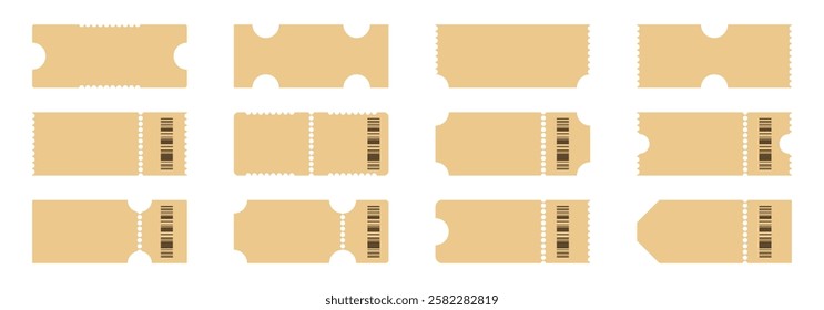 collection of twelve different blank ticket templates with varying designs and including barcodes.