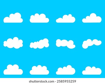 A collection of twelve different cloud shapes on a bright blue background. Each cloud has a unique form, making it ideal for weather related designs or educational materials