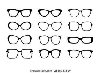 A collection of twelve different eyeglass frame styles depicted as simple black outlines.