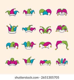 Coleção de doze diferentes chapéus jester em várias cores.  O design é um estilo de desenho animado plano, com formas simples e cores arrojadas.