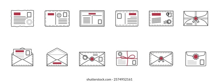 collection of twelve different line art icons depicting various types of mail and postal items.