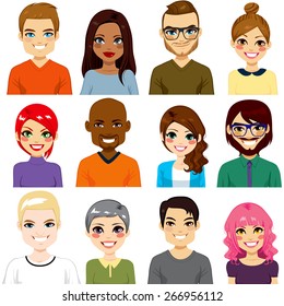 Collection of twelve different people avatar portraits from diverse ethnicity and age