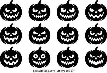 Collection of twelve different scary jack o lantern pumpkin faces silhouette