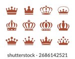 A collection of twelve different stylized crown icons, rendered in a solid brown color against a white background.