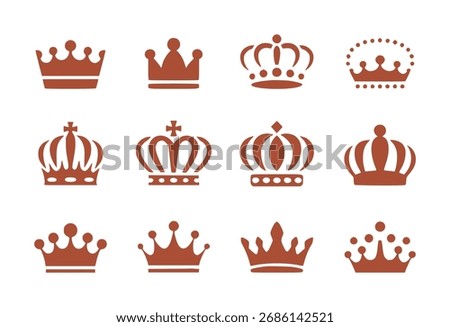 A collection of twelve different stylized crown icons, rendered in a solid brown color against a white background.