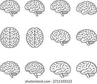 Coleção de doze diferentes visões do cérebro humano, incluindo as perspectivas sagital, superior e lateral, renderizadas como desenhos em preto e branco para a educação médica.