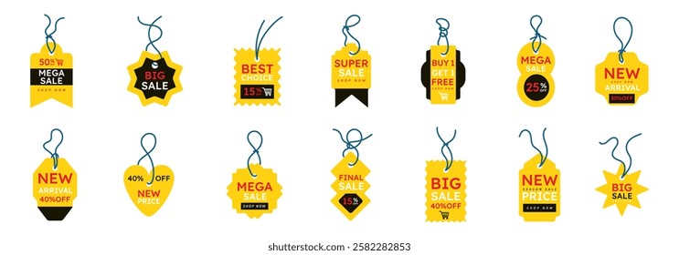 A collection of twelve differently designed yellow sale tags, each advertising various discounts and promotions.