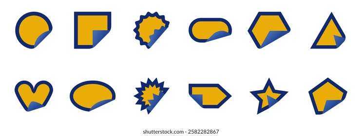 collection of twelve differently shaped stickers with a yellow background and blue border, each showing a peeled corner.