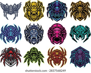 Collection of twelve distinct aggressive spider illustrations perfect for esports team branding