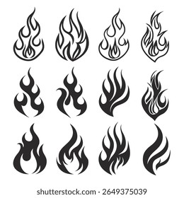 A collection of twelve distinct black flame graphics arranged in three rows on a clean white background.