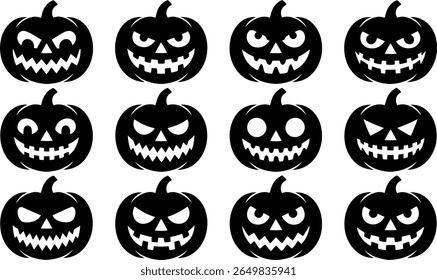 Collection of twelve distinct black halloween pumpkin jack o lantern faces silhouette