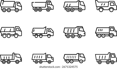 A collection of twelve distinct black line art icons depicting various types of cement mixers. The icons are arranged in three rows of four on a clean white background. Each icon features a simplified