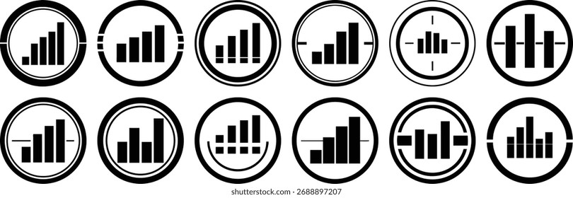 Coleção de doze ícones distintos de intensidade de sinal preto e branco em círculos que representam conectividade sem fio, variando de sinais baixos a completos com designs variados.