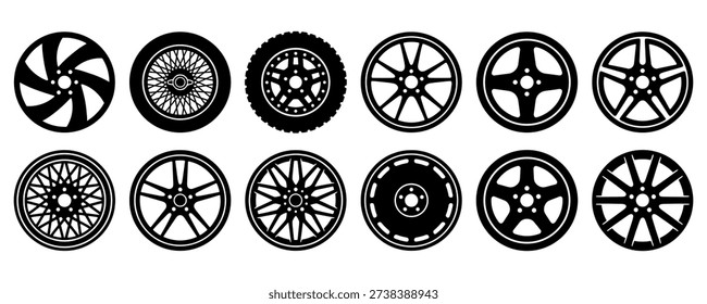 A collection of twelve distinct car wheel and rim designs shown as flat black silhouettes. Each icon illustrates a different style including classic wire spokes mesh patterns modern alloy shapes and rugged off road tires. These minimalist graphics are perfect for automotive repair shops tire sales racing team identities and car enthusiast projects.