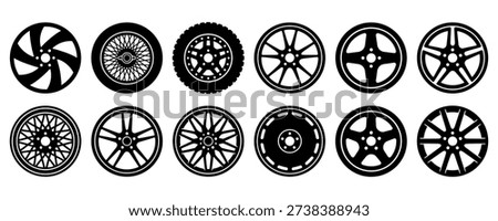 A collection of twelve distinct car wheel and rim designs shown as flat black silhouettes. Each icon illustrates a different style including classic wire spokes mesh patterns modern alloy shapes and rugged off road tires. These minimalist graphics are perfect for automotive repair shops tire sales racing team identities and car enthusiast projects.
