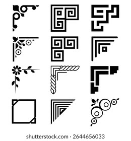Collection of twelve distinct corner designs in black and white featuring geometric shapes floral motifs and swirls. Simple yet elegant styles suitable for various applications.