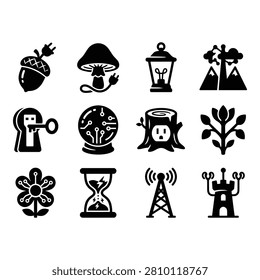 A collection of twelve distinct flat icons featuring symbolic and natureinspired designs in black and white.
