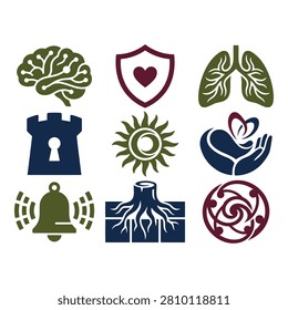 A collection of twelve distinct flat icons featuring medical, nature, and abstract symbols in a clean, modern design style.