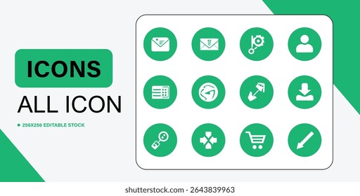 A collection of twelve distinct green and white icons, each representing a different action or concept, arranged in a grid.