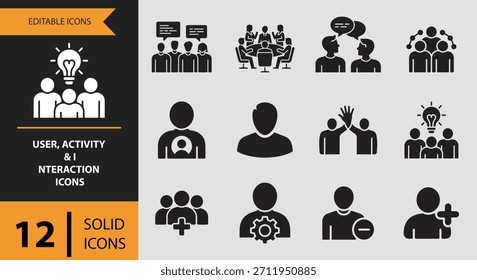 A collection of twelve distinct solid icons representing various user activities and interactions, designed for clear visual communication.