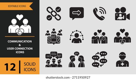 A collection of twelve distinct solid icons representing communication and user connection concepts, ideal for digital interfaces and design projects.