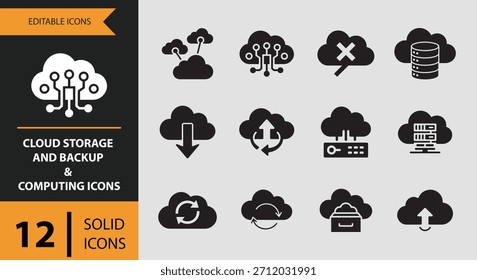 Una colección de doce íconos sólidos distintos que representan el almacenamiento en la nube, la copia de seguridad de datos y varios conceptos informáticos. Estos iconos están diseñados para una comunicación visual clara.